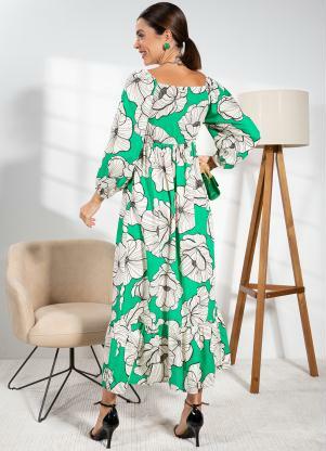 Quintess - Vestido Floral Fundo Verde em Viscose Plana - QUINTESS