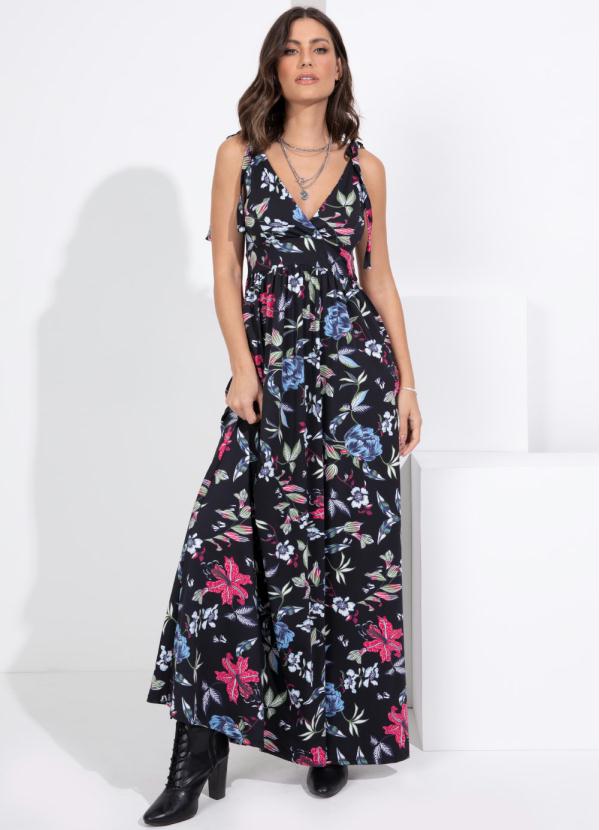 Quintess - Vestido Floral Preto de Alças com Transpasse