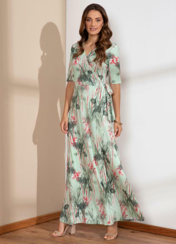 Quintess - Vestido Folhagens Verdes Transpassado com Laço