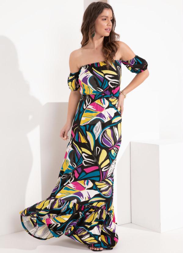 Outlet - Vestido Folhas Color com Elástico no Decote