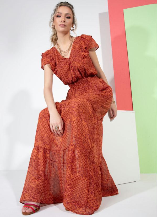 Quintess - Vestido Geométrico Vermelho com Babados