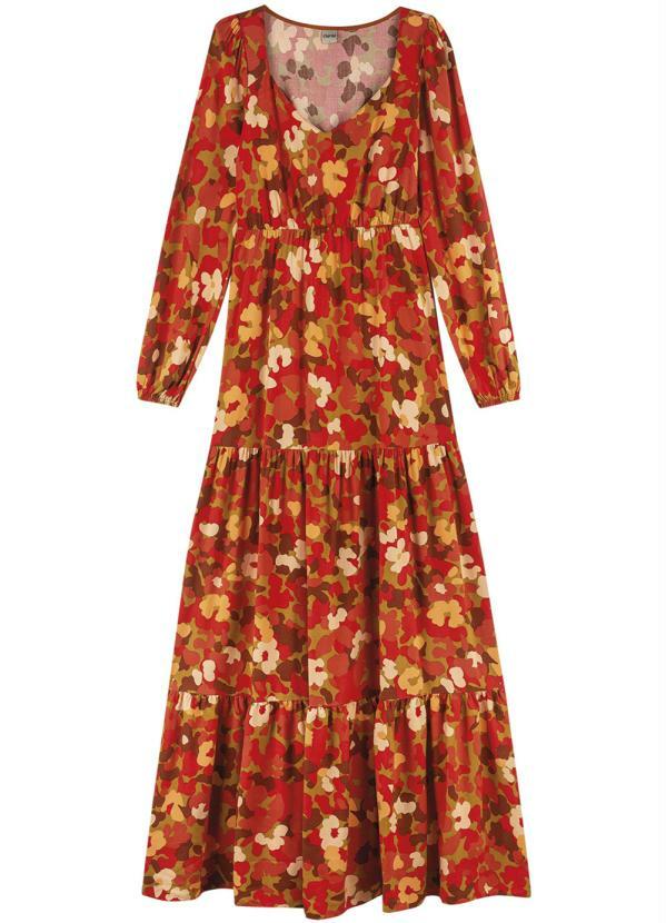 Enfim - Vestido Laranja Longo Floral