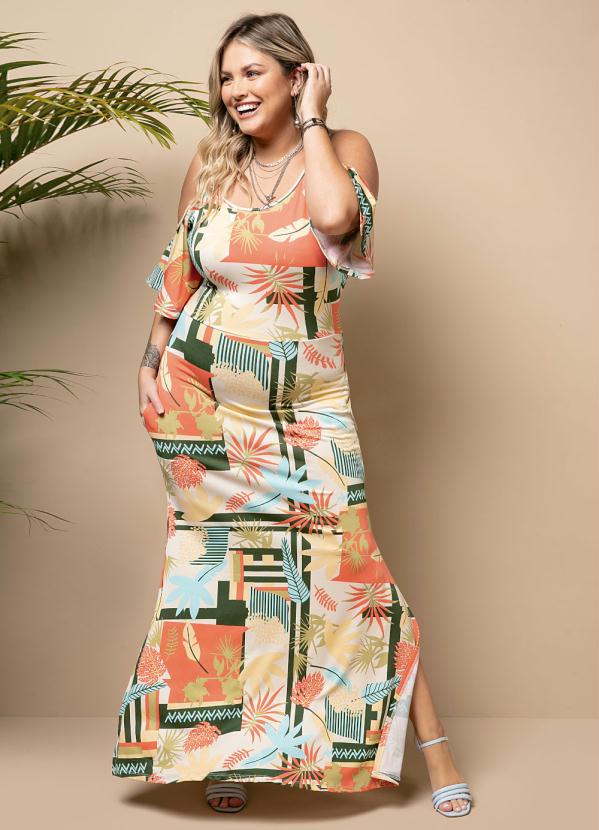 Quintess - Vestido Longo Acinturado Folhagem Geométrica 6