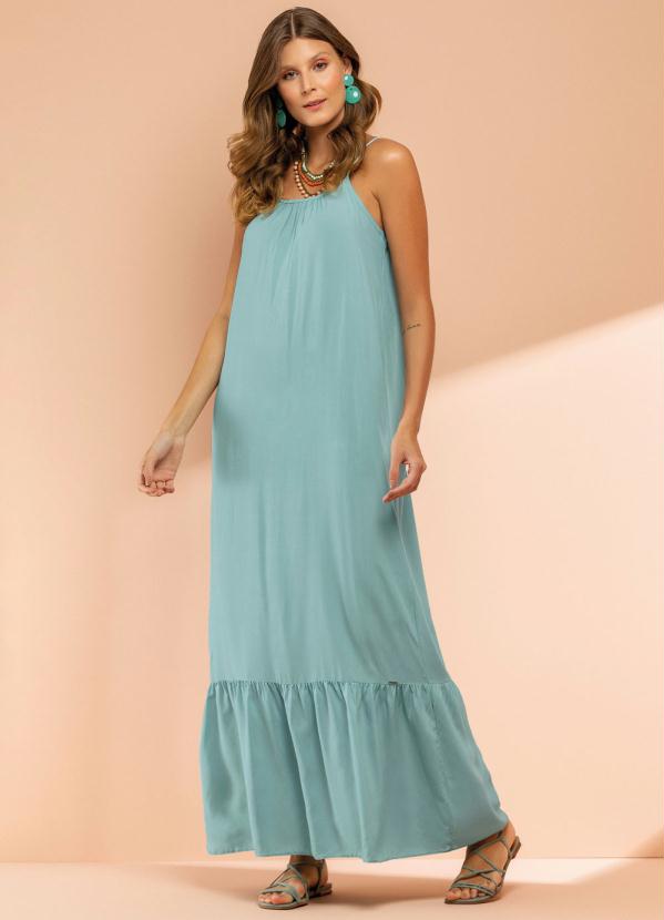 Marialícia - Vestido Longo Alças Finas Babado Verde