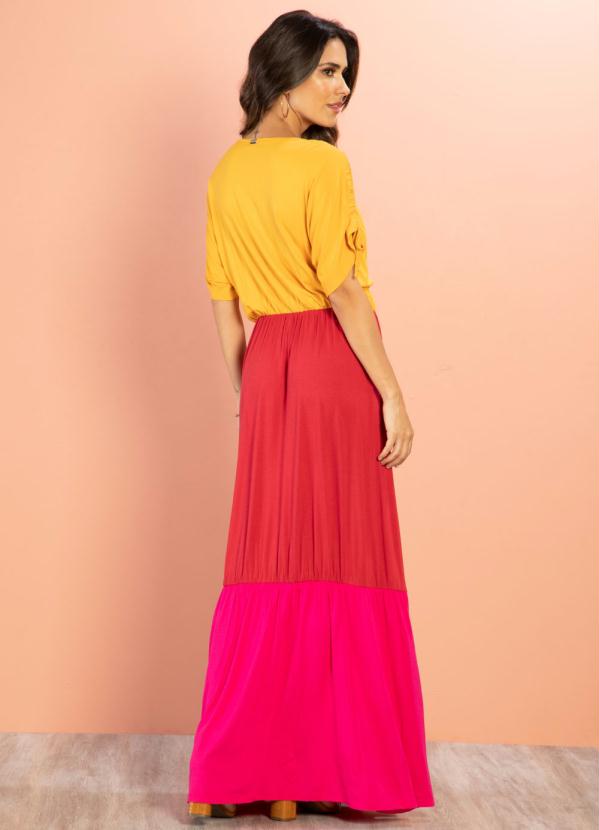 Quintess - Vestido Longo Amarelo e Rosa em Camadas 2