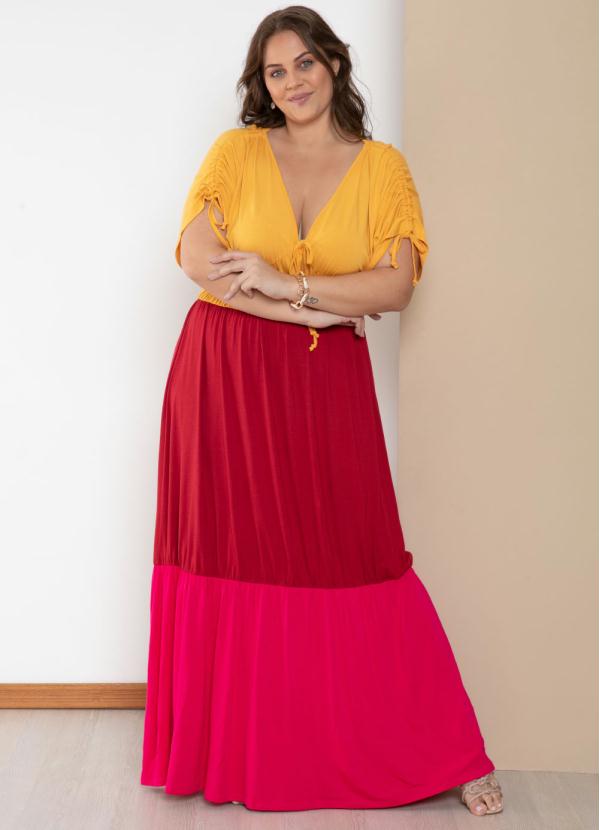 Quintess - Vestido Longo Amarelo e Rosa em Camadas 4