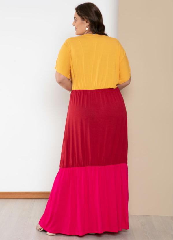 Quintess - Vestido Longo Amarelo e Rosa em Camadas 5
