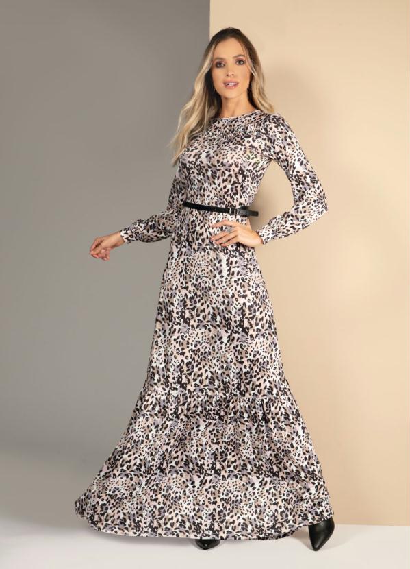 Quintess - Vestido Longo Animal Print com Mangas Longas