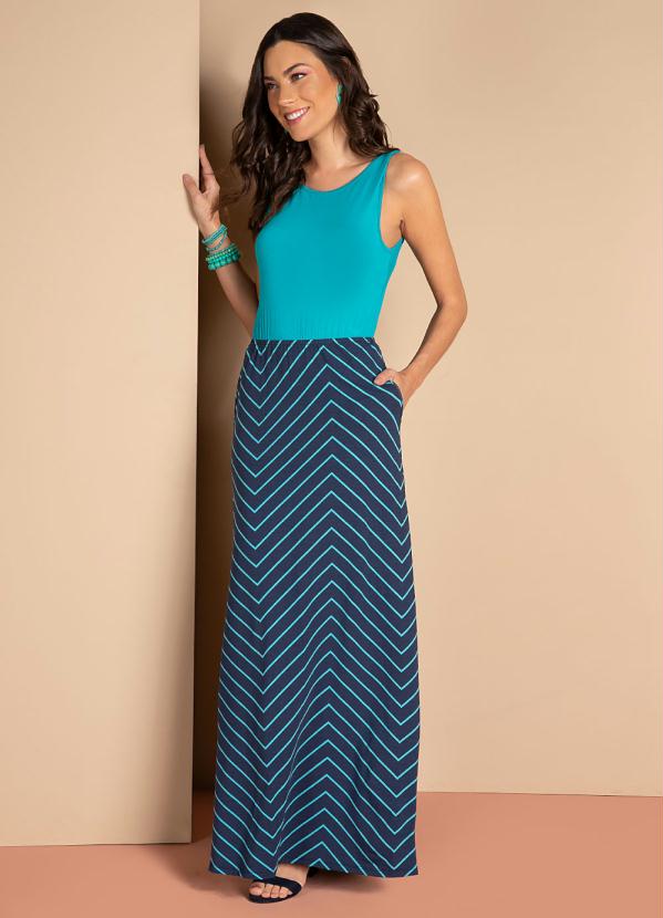 Quintess - Vestido Longo Chevron Azul com Bolsos