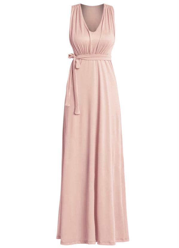 Janine - Vestido Longo com Decote V em Crepe Rosa 3