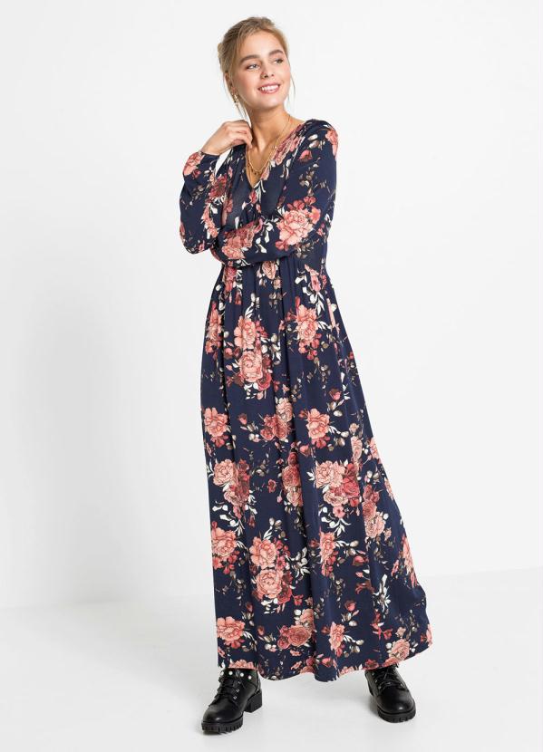 bonprix - Vestido Longo com Mangas Ajustada Floral/Marinho