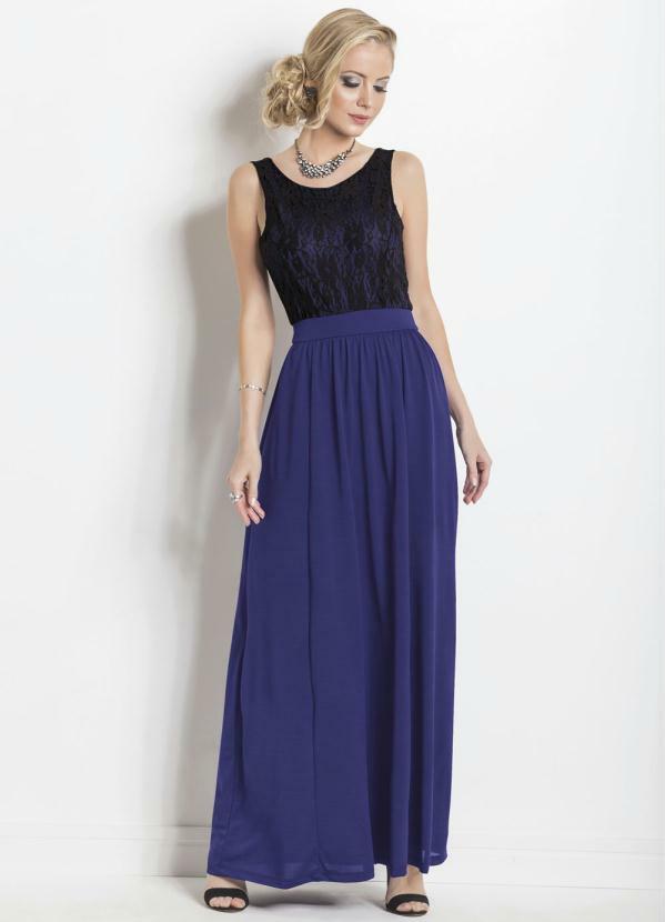 Janine - Vestido Longo com Sobreposição em Renda Marinho