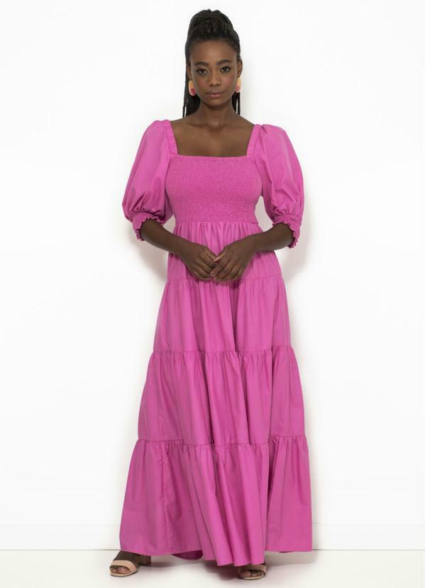 Farm - Vestido Longo de Tricoline Marias Lastex Rosa