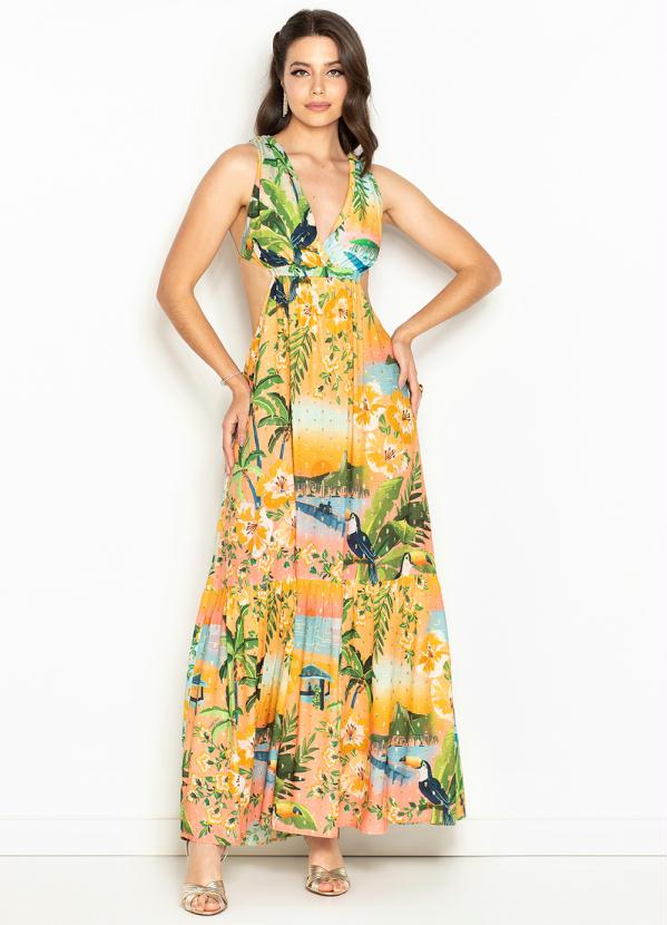 Farm - Vestido Longo de Viscose Dia de Sol Amarelo