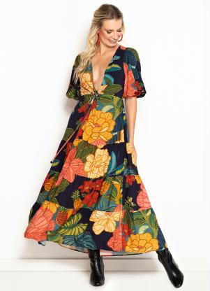 Farm - Vestido Longo de Viscose Tapeçaria Botânica Marinho - FARM