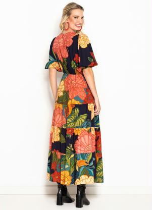 Farm - Vestido Longo de Viscose Tapeçaria Botânica Marinho - FARM