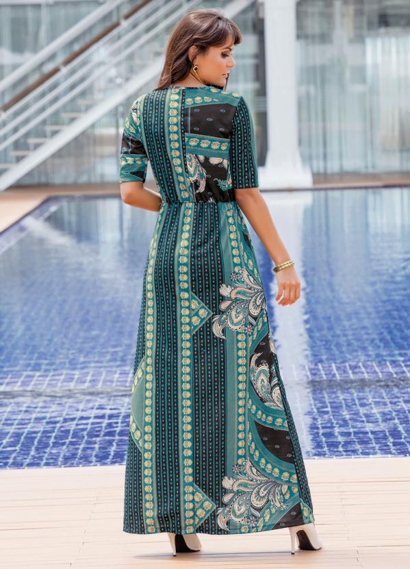 Outlet - Vestido Longo Decote V Estampado Moda Evangélica 2