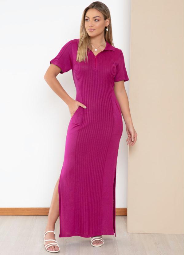 Quintess - Vestido Longo em Tricô Roxo com Gola