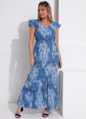 Queima Estoque - Vestido Longo Étnico Azul com Fenda - QUEIMA ESTOQUE