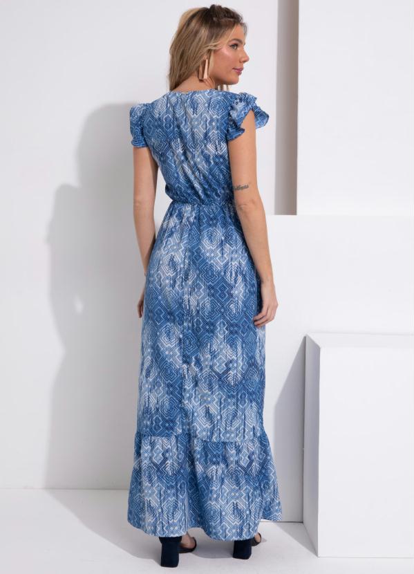 Queima Estoque - Vestido Longo Étnico Azul com Fenda 2