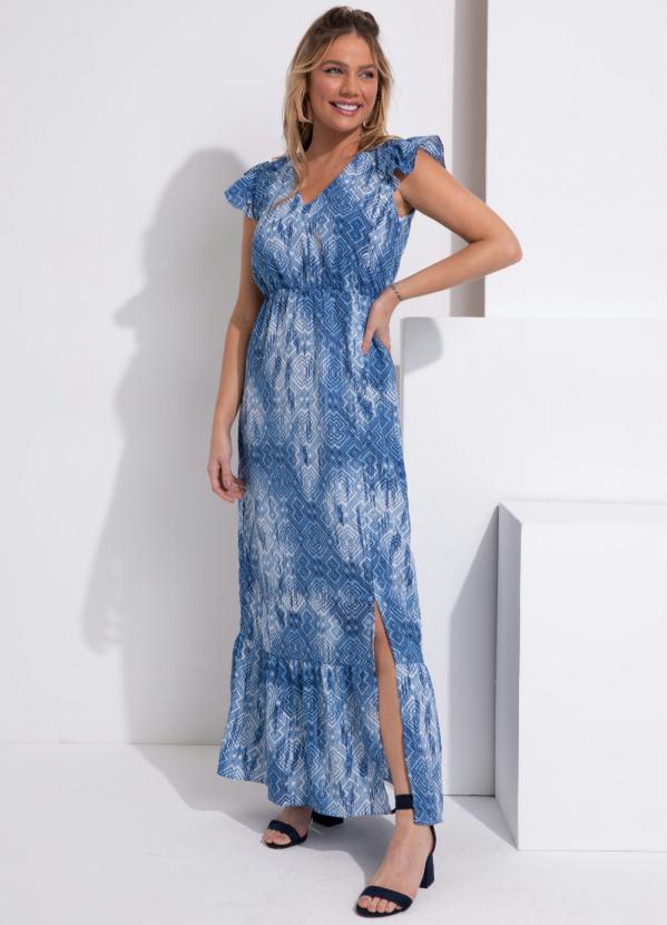 Queima Estoque - Vestido Longo Étnico Azul com Fenda 3