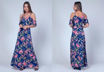 Vestido Longo Floral Azul com Al�as Regul�veis