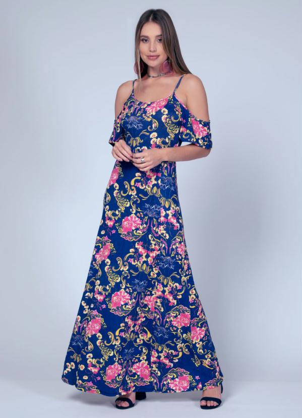 Quintess - Vestido Longo Floral Azul com Alças Reguláveis