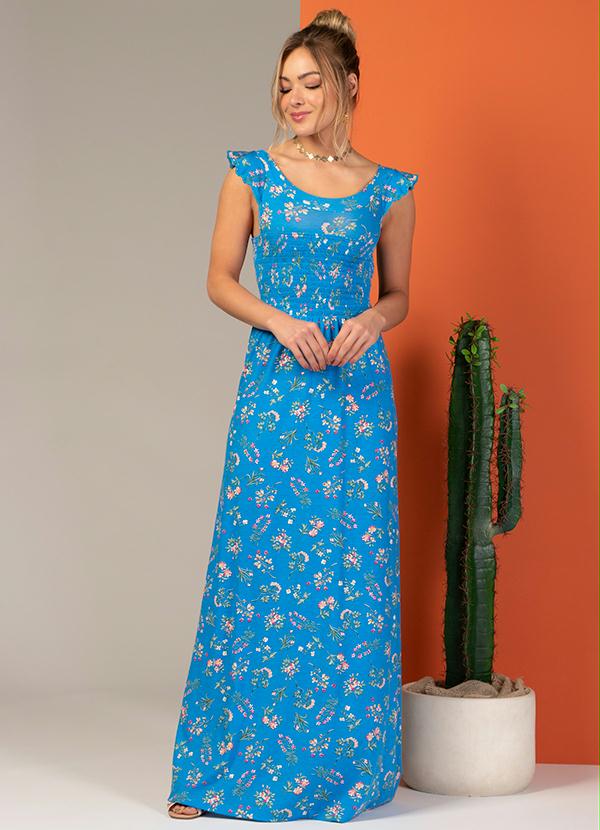 Vestido Longo Floral Azul com Elástico no Busto - Quintess