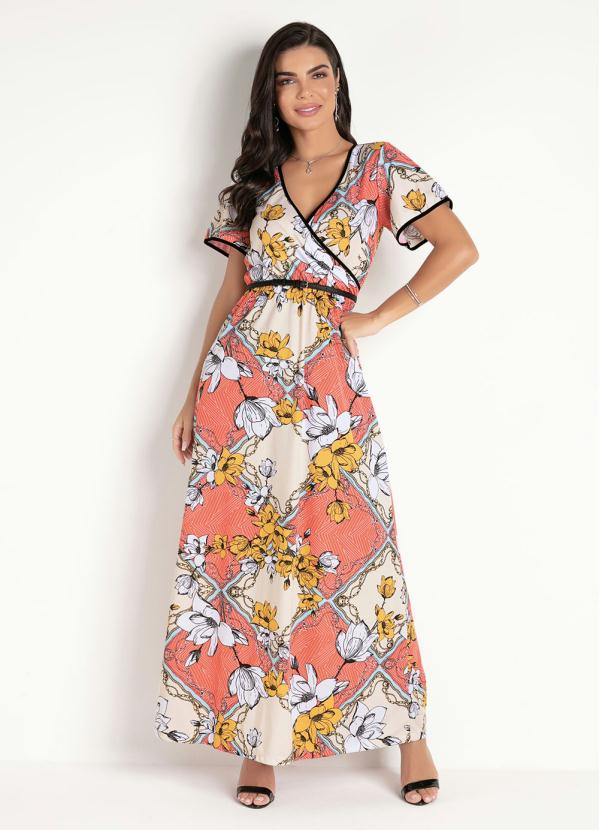 Outlet - Vestido Longo Floral Coral com Transpasse 1