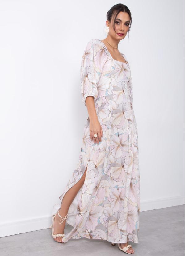 Quintess - Vestido Longo Floral Line em Viscose Plana
