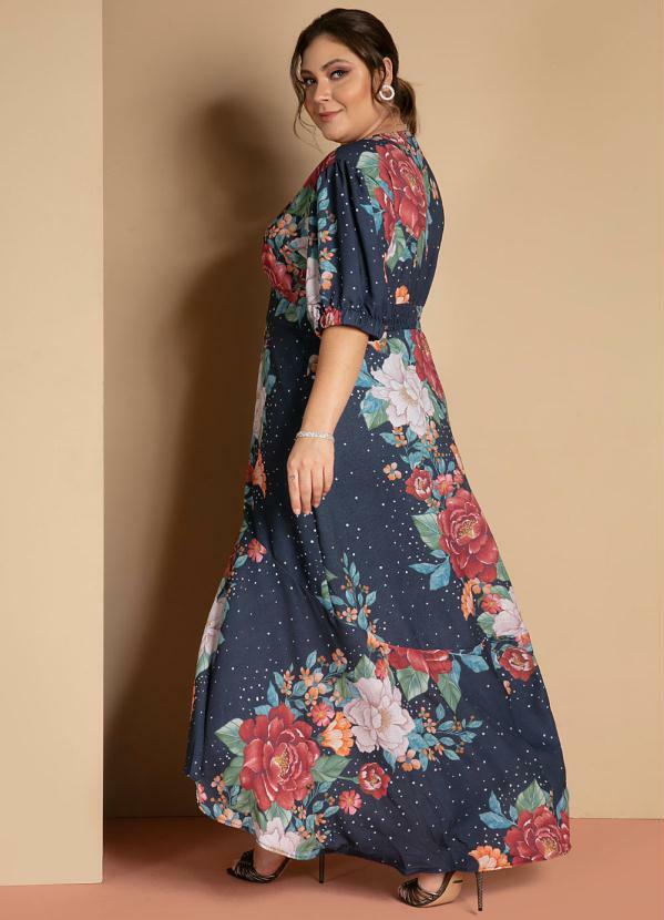 Quintess - Vestido Longo Floral Marinho com Babado na Barra 4