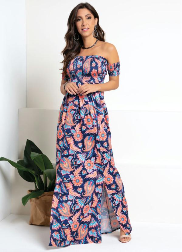 Quintess - Vestido Longo Floral Marinho com Fendas
