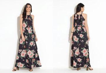 Vestido Longo Floral Preto com Amarra��o