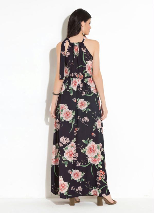 Quintess - Vestido Longo Floral Preto com Amarração 2