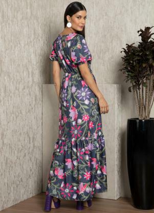 Quintess - Vestido Longo Floral Preto com Fenda na Barra - QUINTESS