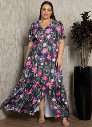 Quintess - Vestido Longo Floral Preto com Fenda na Barra - QUINTESS