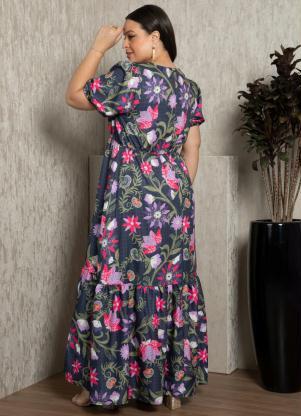 Quintess - Vestido Longo Floral Preto com Fenda na Barra - QUINTESS
