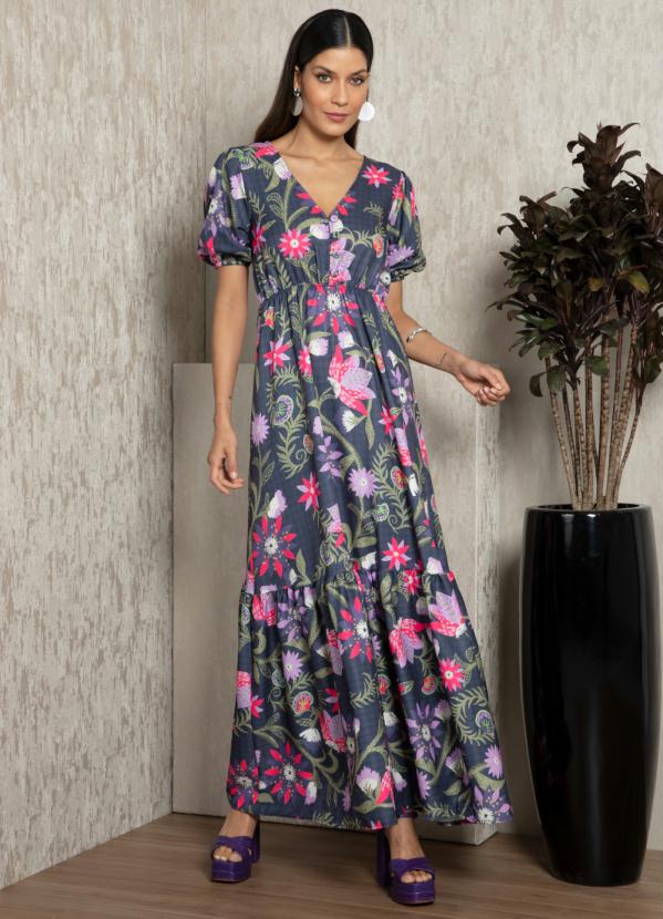 Quintess - Vestido Longo Floral Preto com Fenda na Barra 3