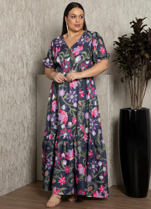 Quintess - Vestido Longo Floral Preto com Fenda na Barra