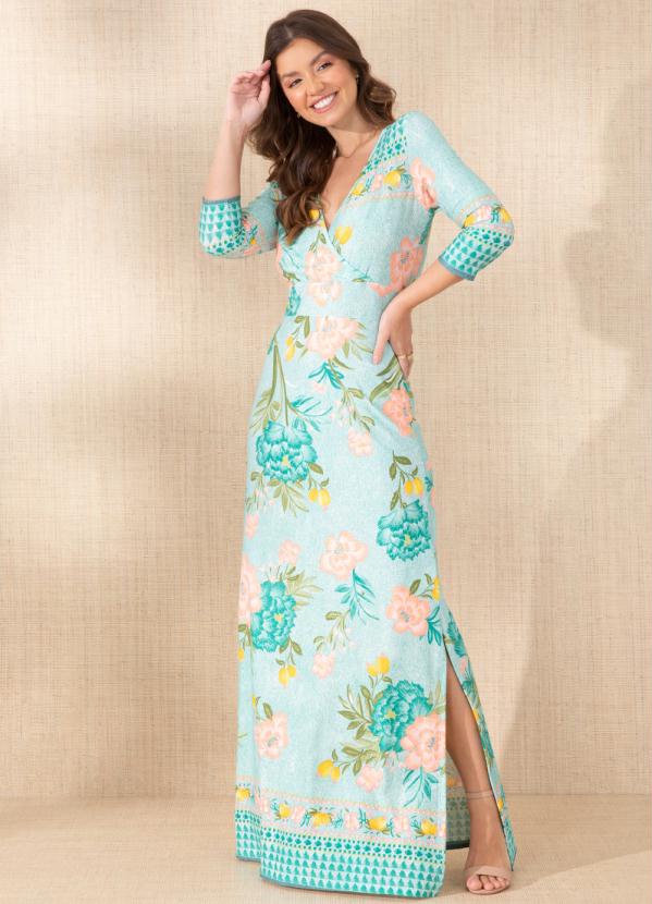 Vestido Longo Floral Verde Com Fendas Quintess 1224