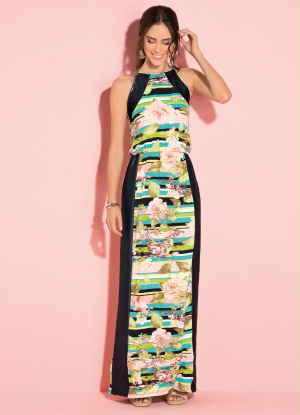 Quintess - Vestido Longo Floral Verde com Recortes