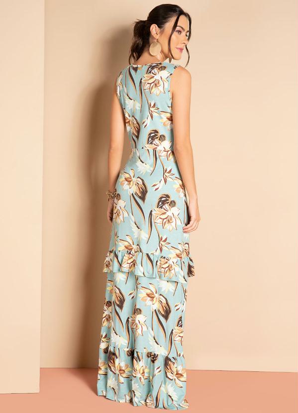 Quintess - Vestido Longo Folhagem Azul com Babados 2