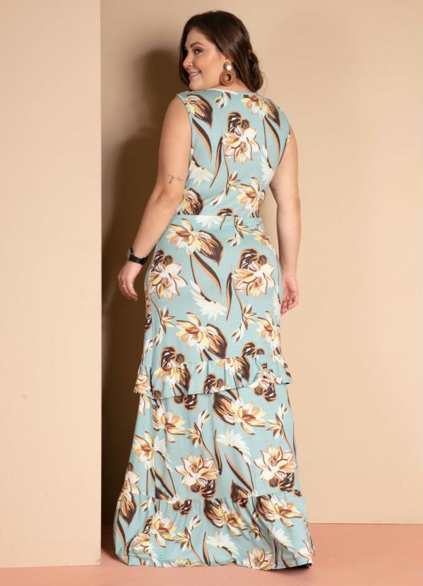 Quintess - Vestido Longo Folhagem Azul com Babados 4