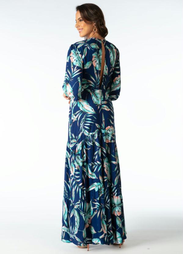 Quintess - Vestido Longo Folhagens Azul com Mangas Bufantes 2