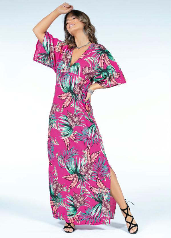 Vestido Longo Folhagens Pink Com Fenda Lateral Quintess