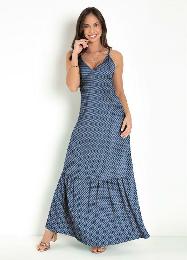 Vestido Longo Formas Azul com Babado na Barra - Moda Pop