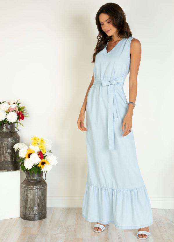 Quintess - Vestido Longo Jeans Claro com Faixa