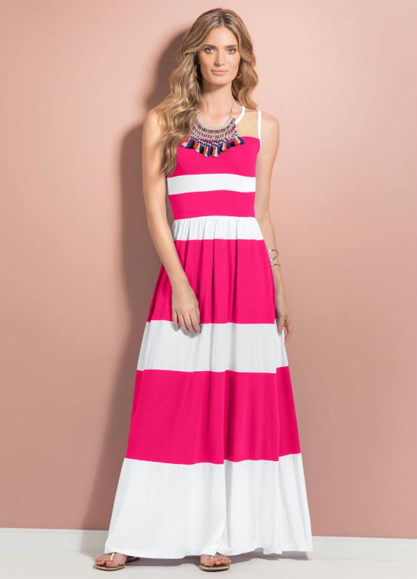 Quintess - Vestido Longo Listrado Branco e Pink