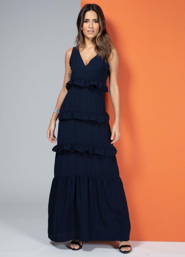 Quintess - Vestido Longo Marinho sem Mangas com Babadinhos