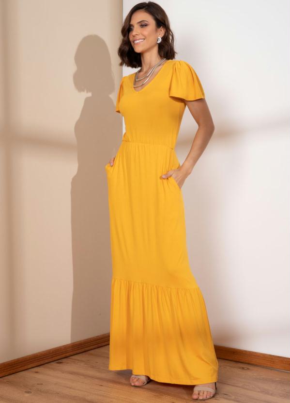 Quintess - Vestido Longo Mostarda com Camadas e Bolsos